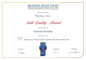 TATRANSKÁ MINERÁLKA získala medzinárodné ocenenie Gold Quality Award od Monde Selection