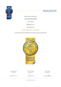 TATRANSKÁ MINERÁLKA získala medzinárodné ocenenie Gold Quality Award od Monde Selection